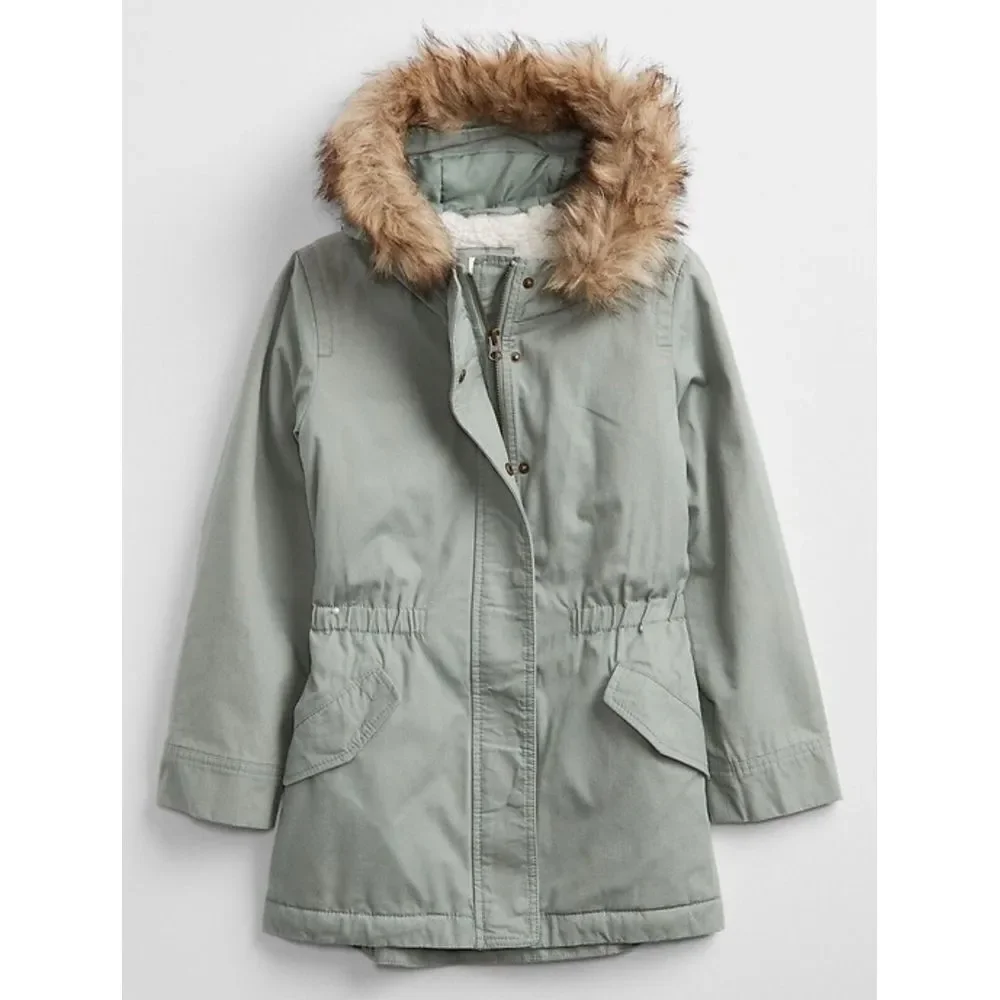 Gap Kids Sherpa-Lined Utility Parka Small‎ Sage Faux Fur Jacket Hooded Insulated